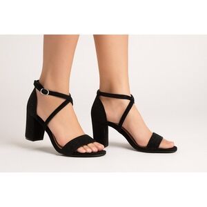 Kelly & Katie Black Rhinestone Criss Cross Ankle Strap Block Heel Sandals‎
